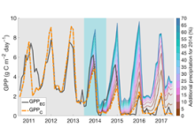 The change in predicted GPP following a one-time increase in monthly precipitation in the year prior to GPP collapse (2014)