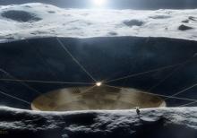 Illustration of a conceptual radio telescope within a crater on the Moon