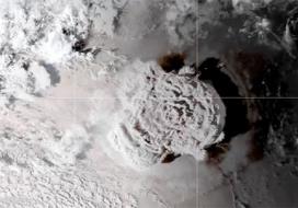 Illustration of an umbrella cloud generated by the underwater eruption of the Hunga Tonga-Hunga Ha’apai volcano on Jan. 15, 2022